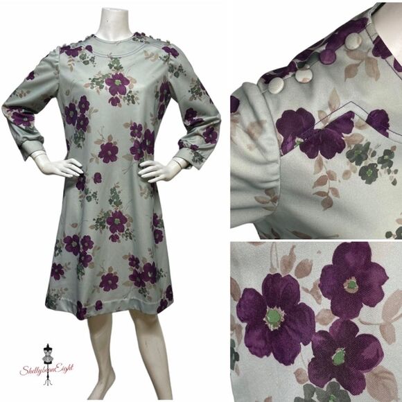 VINTAGE Mint Green 70s Floral Print Dress M L Grandmacore Golden Girls - Picture 1 of 12